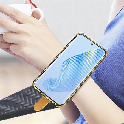 For Honor Magic5 Case 6D Electroplating Wristband PU Leather+TPU Cell Phone Cover