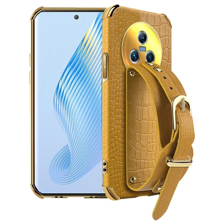 For Honor Magic5 Case 6D Electroplating Wristband PU Leather+TPU Cell Phone Cover