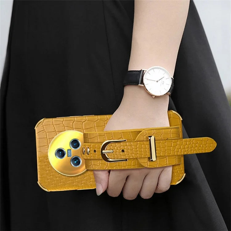 For Honor Magic5 Case 6D Electroplating Wristband PU Leather+TPU Cell Phone Cover