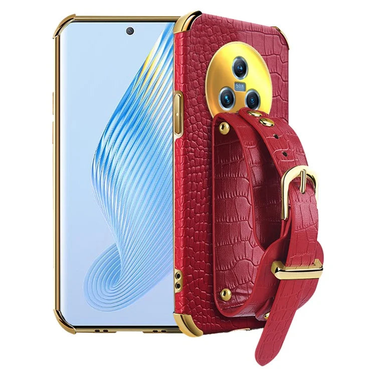 For Honor Magic5 Case 6D Electroplating Wristband PU Leather+TPU Cell Phone Cover