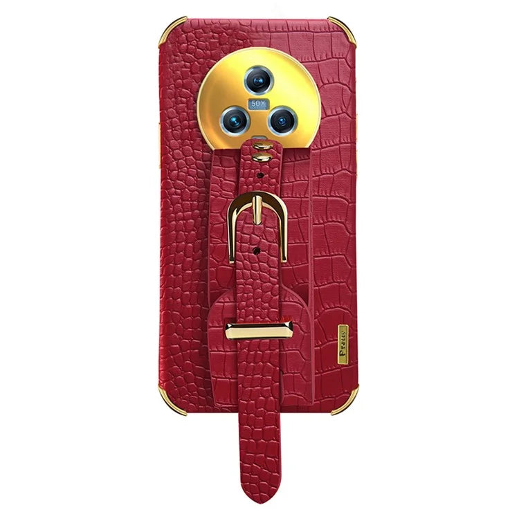 For Honor Magic5 Case 6D Electroplating Wristband PU Leather+TPU Cell Phone Cover