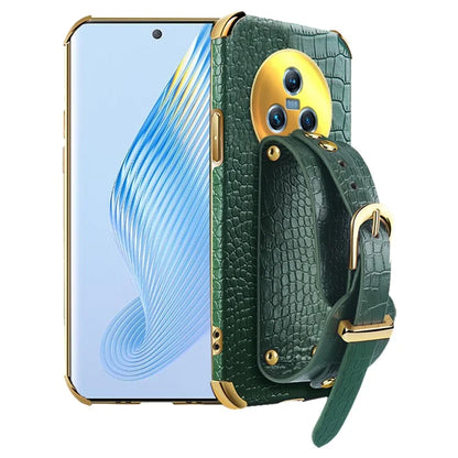 For Honor Magic5 Case 6D Electroplating Wristband PU Leather+TPU Cell Phone Cover