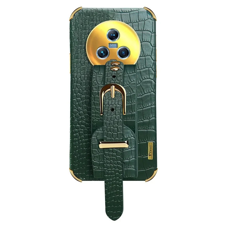 For Honor Magic5 Case 6D Electroplating Wristband PU Leather+TPU Cell Phone Cover