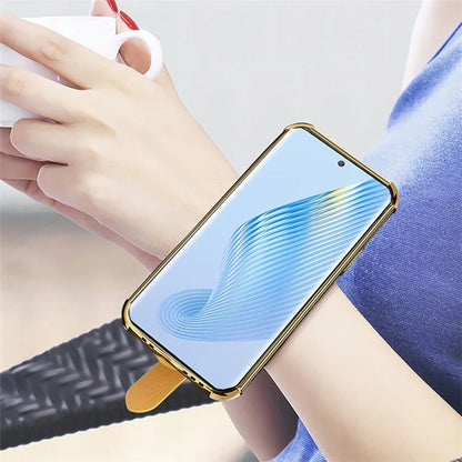 For Honor Magic5 Case 6D Electroplating Wristband PU Leather+TPU Cell Phone Cover