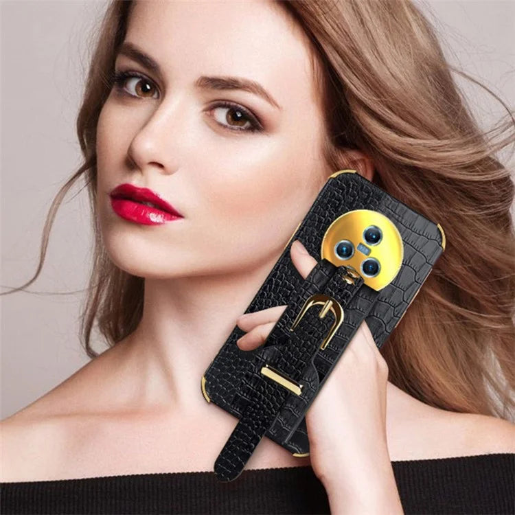 For Honor Magic5 Case 6D Electroplating Wristband PU Leather+TPU Cell Phone Cover