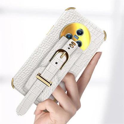 For Honor Magic5 Case 6D Electroplating Wristband PU Leather+TPU Cell Phone Cover