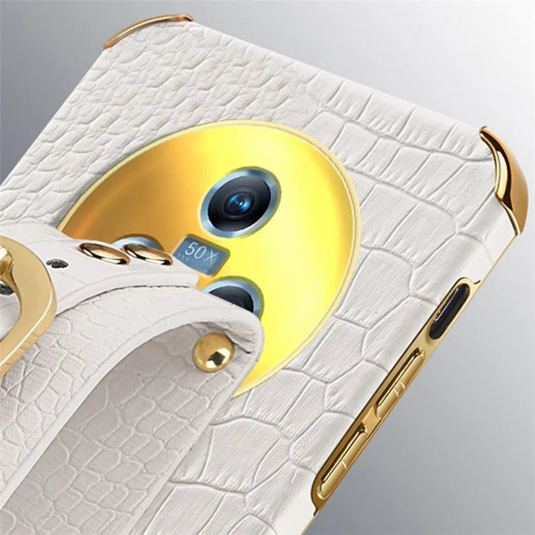 For Honor Magic5 Case 6D Electroplating Wristband PU Leather+TPU Cell Phone Cover