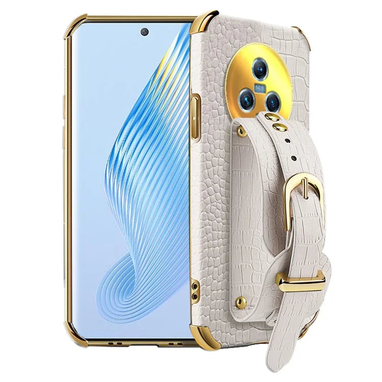 For Honor Magic5 Case 6D Electroplating Wristband PU Leather+TPU Cell Phone Cover