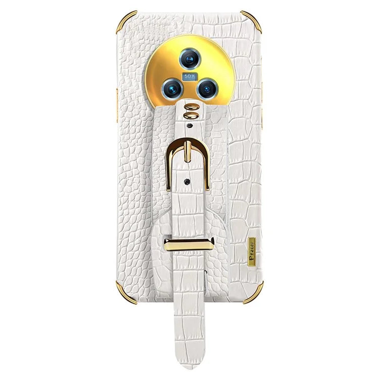 For Honor Magic5 Case 6D Electroplating Wristband PU Leather+TPU Cell Phone Cover