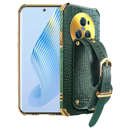 For Honor Magic5 Pro Case Anti-drop 6D Electroplating Wristband PU Leather+TPU Phone Cover
