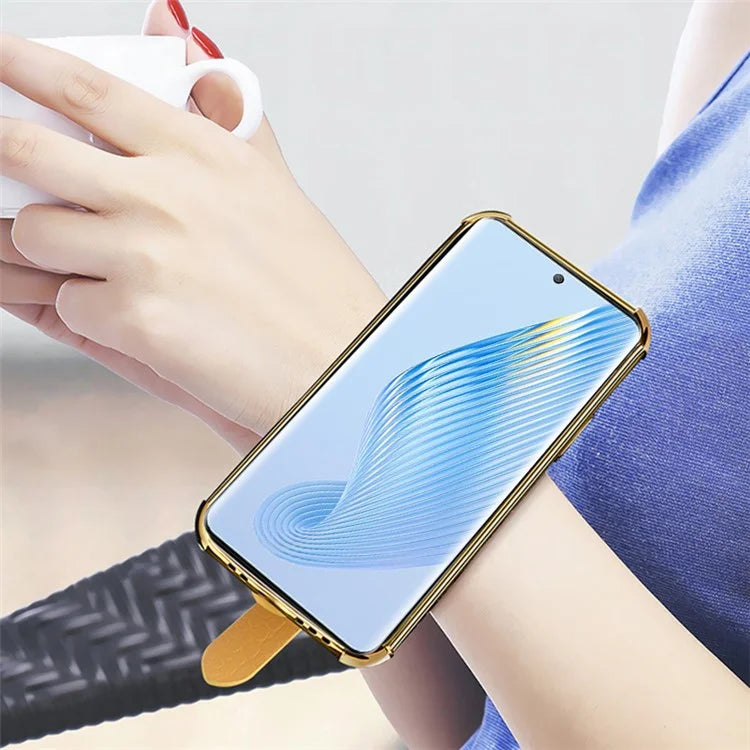 For Honor Magic5 Pro Case Anti-drop 6D Electroplating Wristband PU Leather+TPU Phone Cover