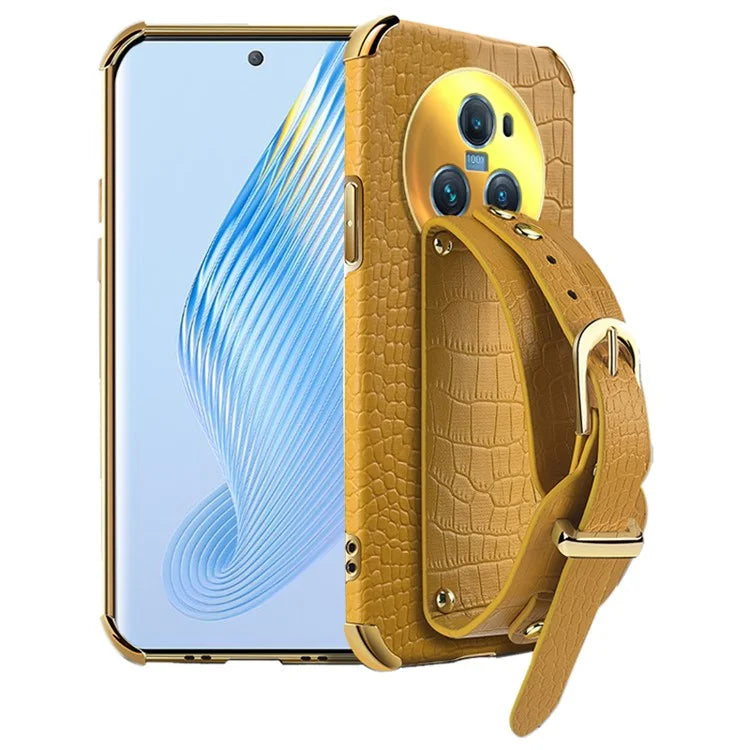 For Honor Magic5 Pro Case Anti-drop 6D Electroplating Wristband PU Leather+TPU Phone Cover