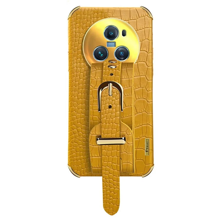 For Honor Magic5 Pro Case Anti-drop 6D Electroplating Wristband PU Leather+TPU Phone Cover