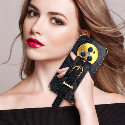For Honor Magic5 Pro Case Anti-drop 6D Electroplating Wristband PU Leather+TPU Phone Cover
