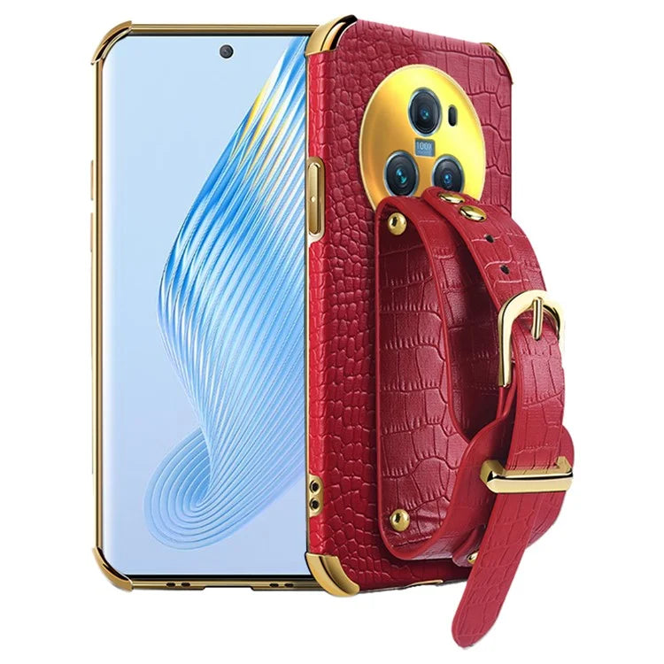 For Honor Magic5 Pro Case Anti-drop 6D Electroplating Wristband PU Leather+TPU Phone Cover