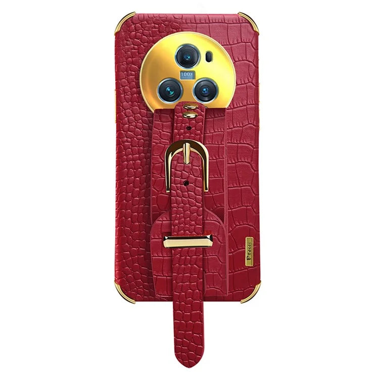 For Honor Magic5 Pro Case Anti-drop 6D Electroplating Wristband PU Leather+TPU Phone Cover