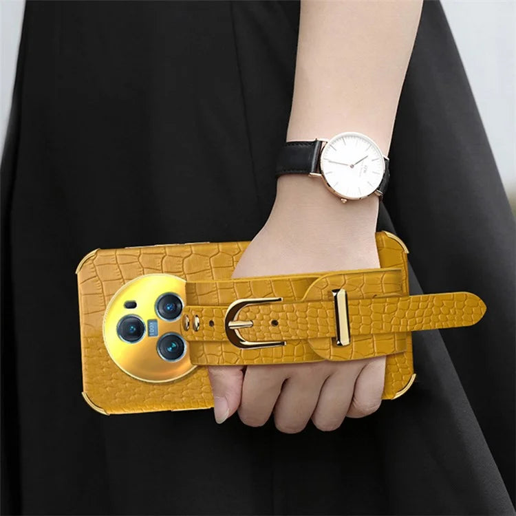 For Honor Magic5 Pro Case Anti-drop 6D Electroplating Wristband PU Leather+TPU Phone Cover