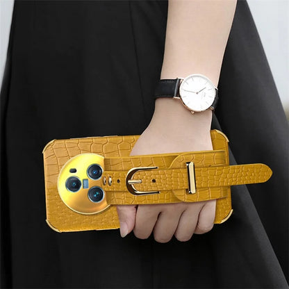 For Honor Magic5 Pro Case Anti-drop 6D Electroplating Wristband PU Leather+TPU Phone Cover