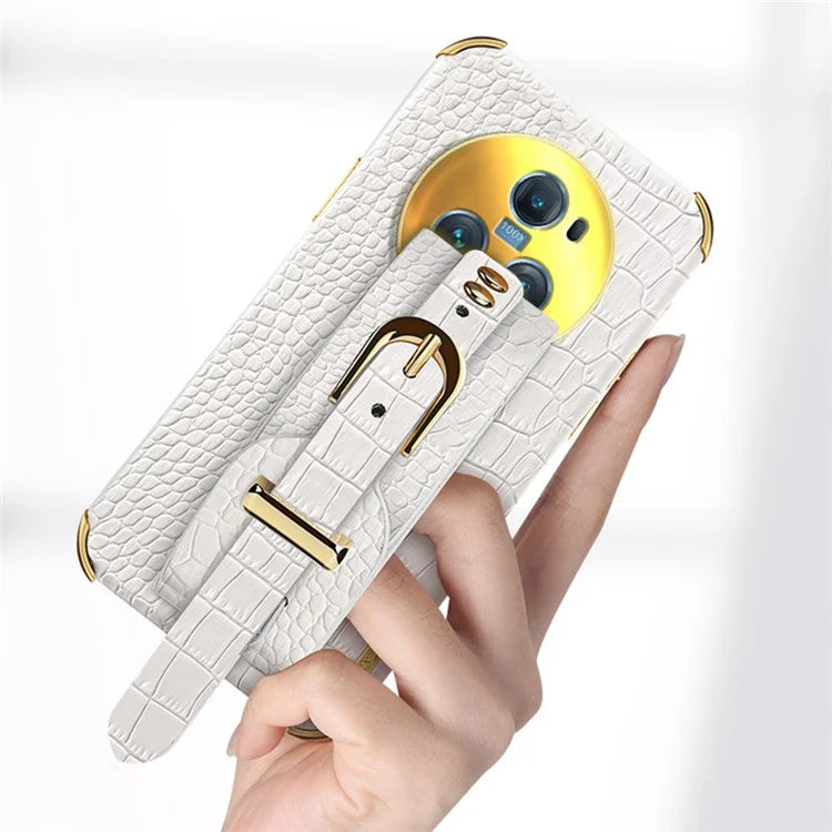 For Honor Magic5 Pro Case Anti-drop 6D Electroplating Wristband PU Leather+TPU Phone Cover