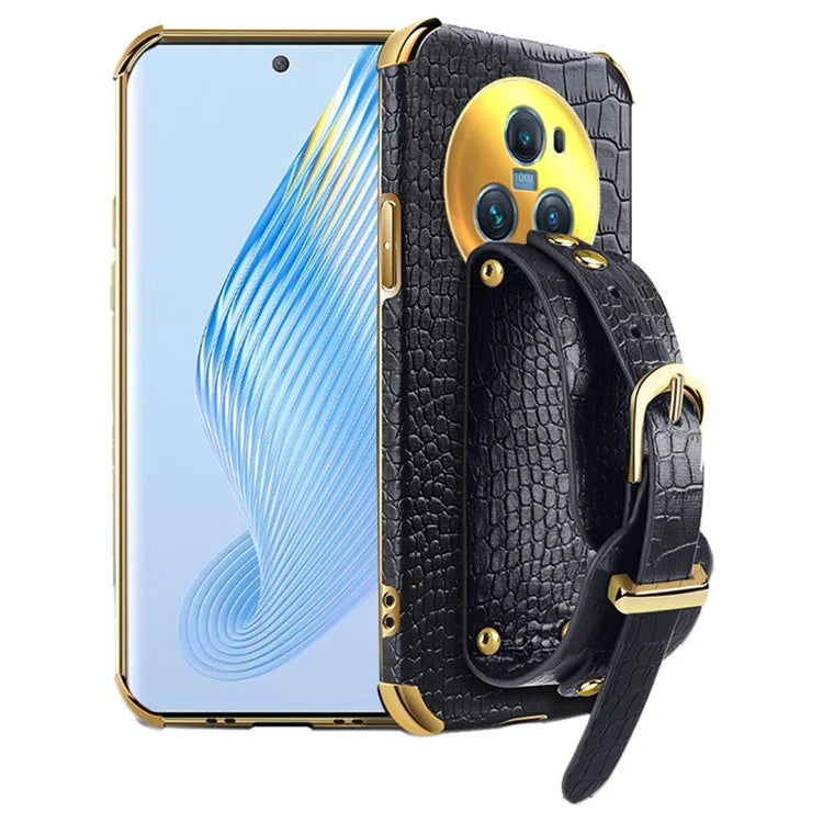 For Honor Magic5 Pro Case Anti-drop 6D Electroplating Wristband PU Leather+TPU Phone Cover