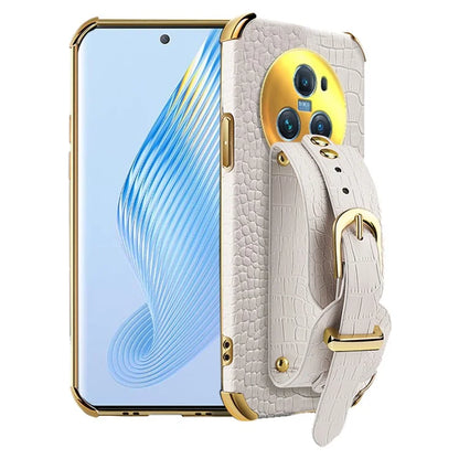 For Honor Magic5 Pro Case Anti-drop 6D Electroplating Wristband PU Leather+TPU Phone Cover