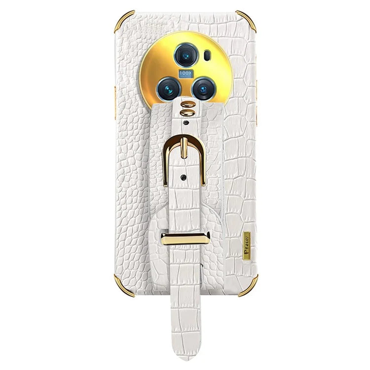 For Honor Magic5 Pro Case Anti-drop 6D Electroplating Wristband PU Leather+TPU Phone Cover