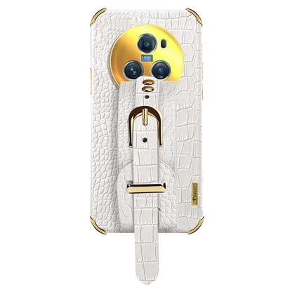 For Honor Magic5 Pro Case Anti-drop 6D Electroplating Wristband PU Leather+TPU Phone Cover
