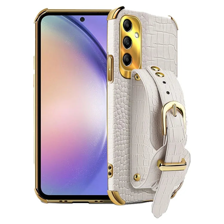 For Samsung Galaxy A54 5G Case PU Leather+TPU 6D Electroplating Phone Cover with Wristband