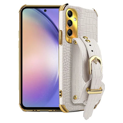 For Samsung Galaxy A54 5G Case PU Leather+TPU 6D Electroplating Phone Cover with Wristband
