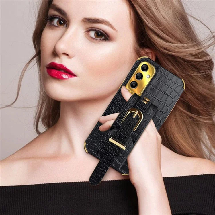 For Samsung Galaxy A54 5G Case PU Leather+TPU 6D Electroplating Phone Cover with Wristband