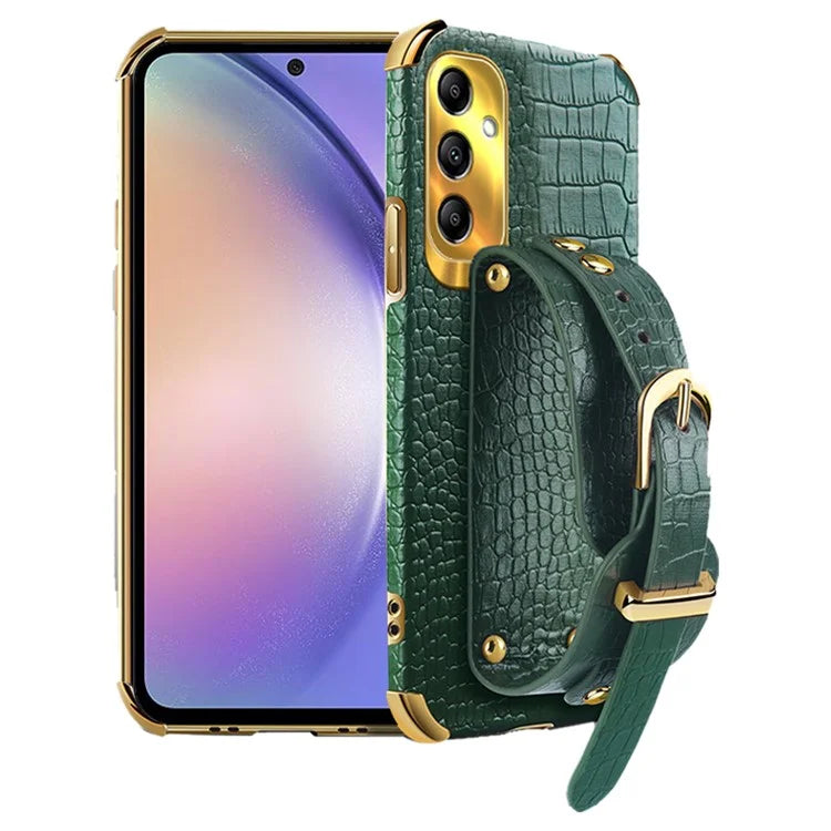 For Samsung Galaxy A54 5G Case PU Leather+TPU 6D Electroplating Phone Cover with Wristband
