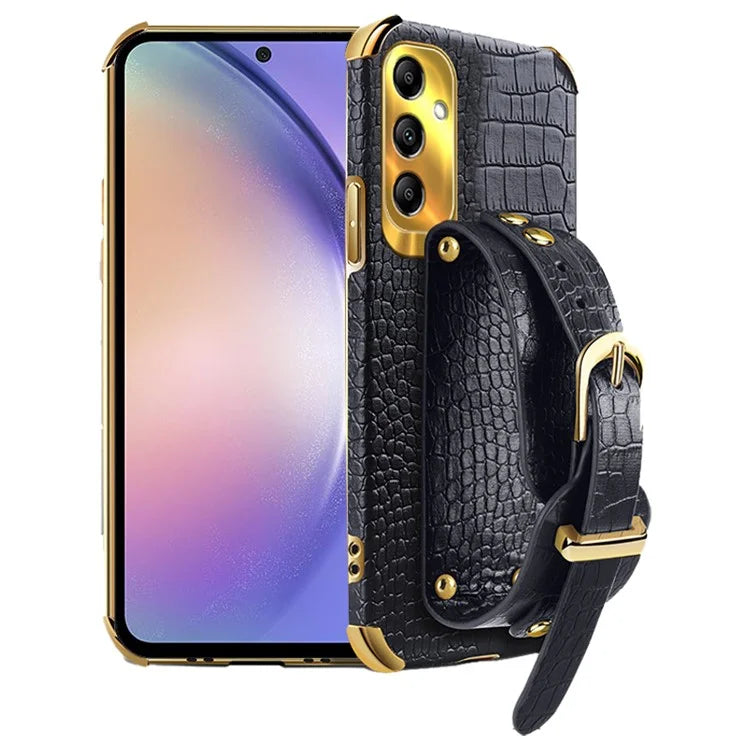 For Samsung Galaxy A54 5G Case PU Leather+TPU 6D Electroplating Phone Cover with Wristband