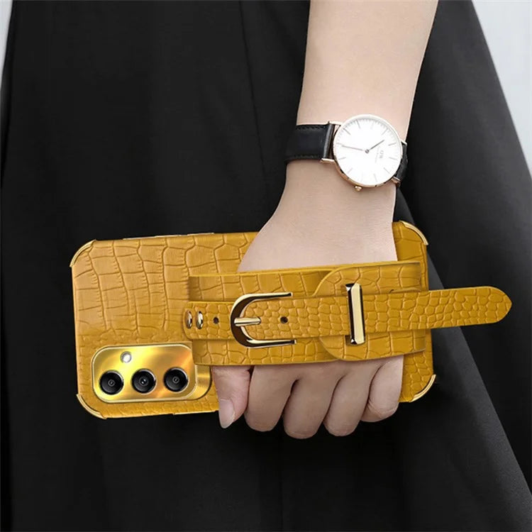 For Samsung Galaxy A54 5G Case PU Leather+TPU 6D Electroplating Phone Cover with Wristband