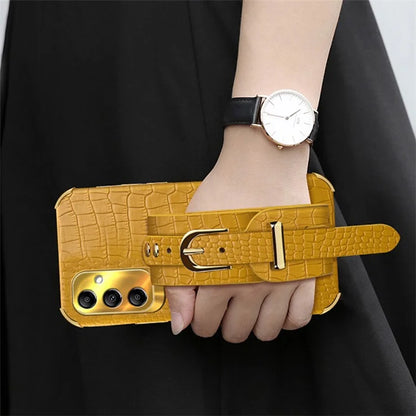 For Samsung Galaxy A54 5G Case PU Leather+TPU 6D Electroplating Phone Cover with Wristband