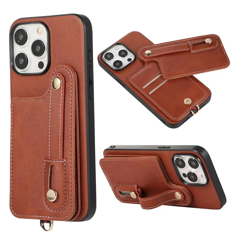 Style 03 For iPhone 15 Pro Case PU Leather+TPU Phone Cover Card Holder Anti-drop Shell