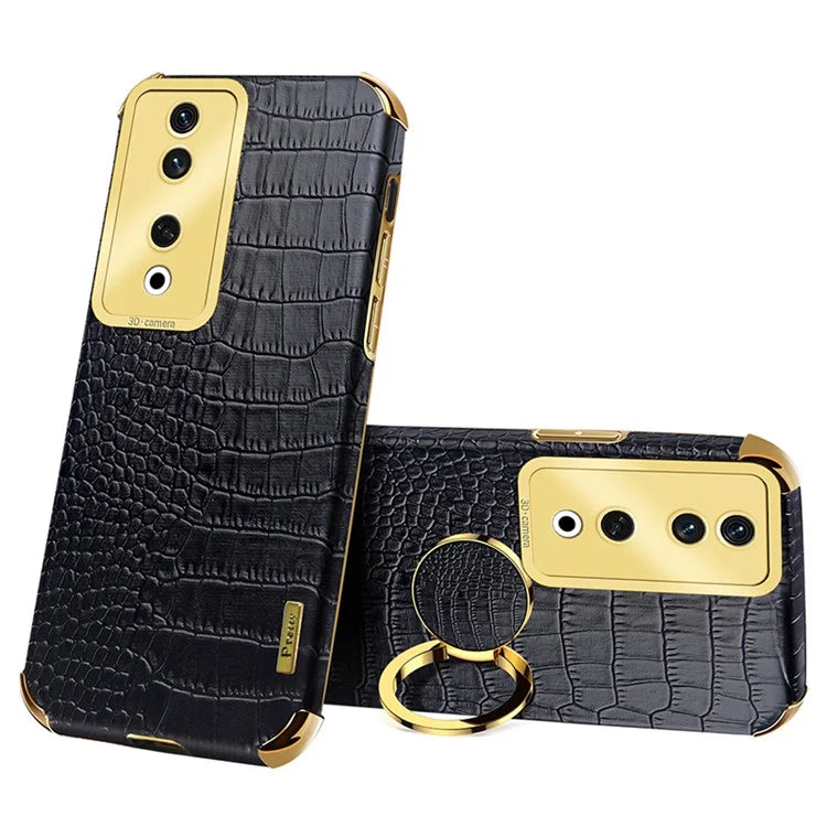 For Honor 90 Case Crocodile Texture Leather+TPU Fall-proof Shell with Ring Kickstand