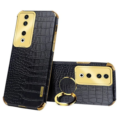 For Honor 90 Case Crocodile Texture Leather+TPU Fall-proof Shell with Ring Kickstand