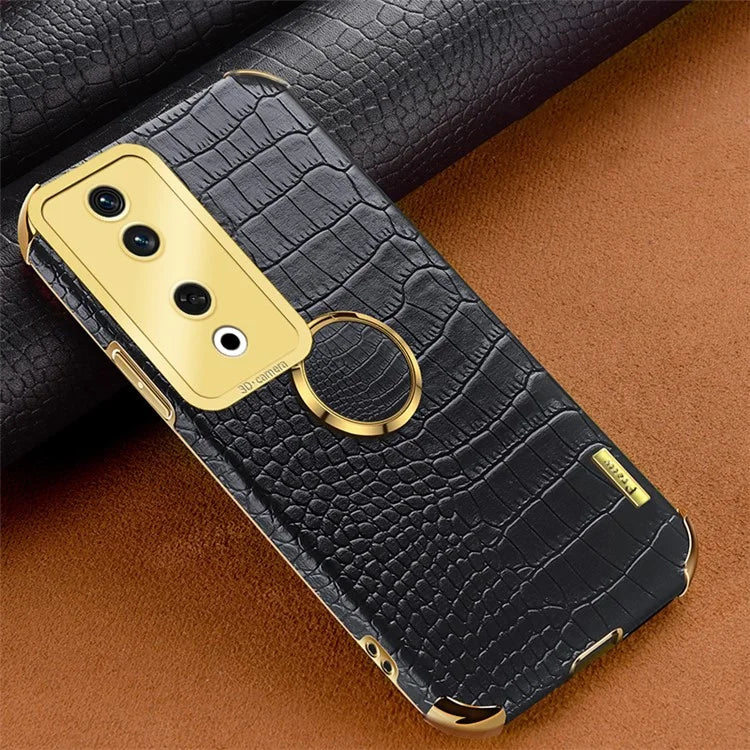 For Honor 90 Case Crocodile Texture Leather+TPU Fall-proof Shell with Ring Kickstand