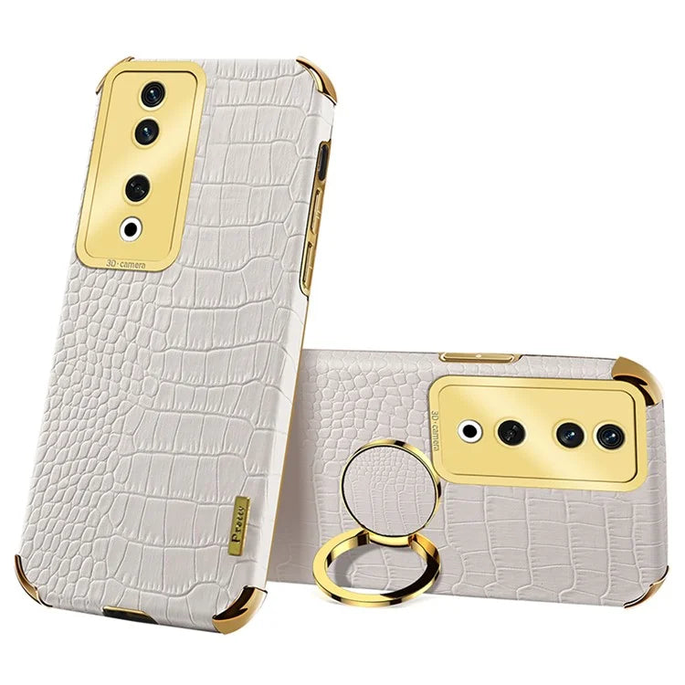 For Honor 90 Case Crocodile Texture Leather+TPU Fall-proof Shell with Ring Kickstand
