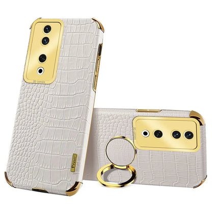 For Honor 90 Case Crocodile Texture Leather+TPU Fall-proof Shell with Ring Kickstand