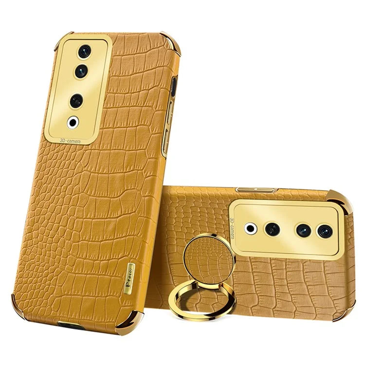 For Honor 90 Case Crocodile Texture Leather+TPU Fall-proof Shell with Ring Kickstand