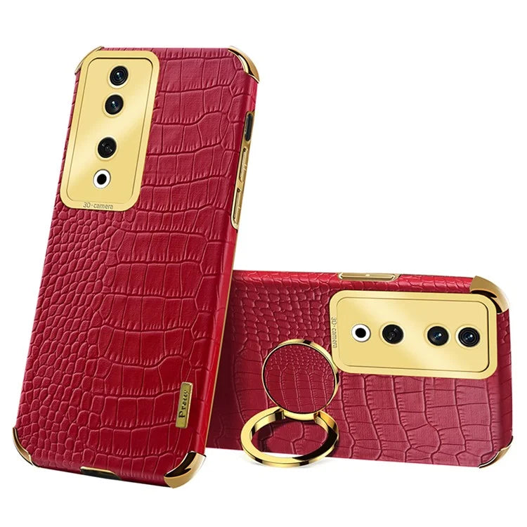 For Honor 90 Case Crocodile Texture Leather+TPU Fall-proof Shell with Ring Kickstand