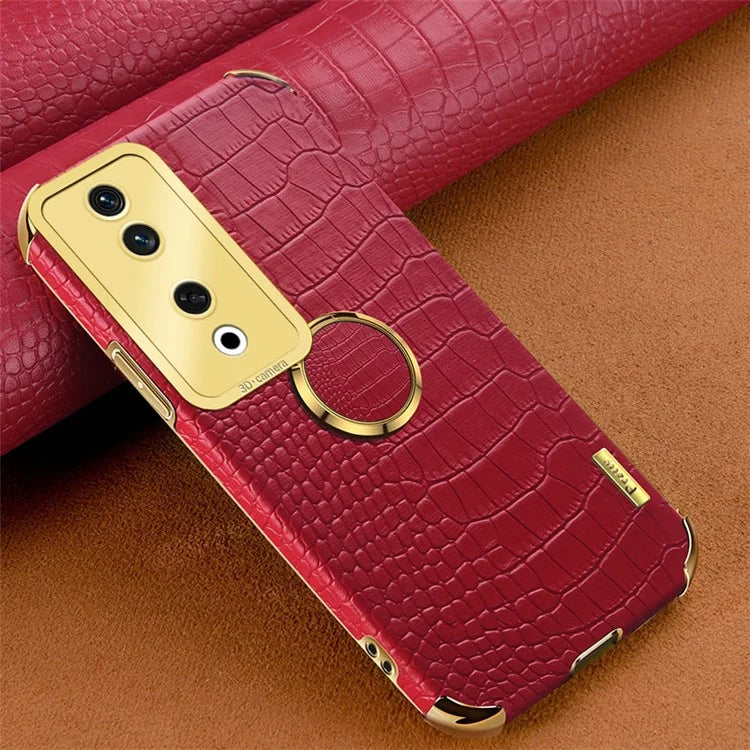 For Honor 90 Case Crocodile Texture Leather+TPU Fall-proof Shell with Ring Kickstand