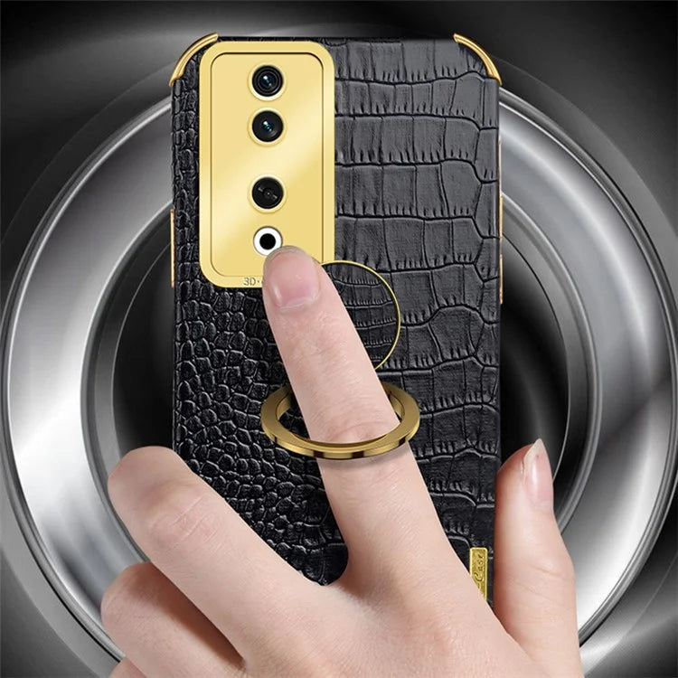 For Honor 90 Case Crocodile Texture Leather+TPU Fall-proof Shell with Ring Kickstand