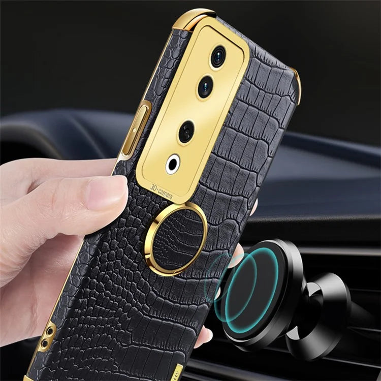 For Honor 90 Case Crocodile Texture Leather+TPU Fall-proof Shell with Ring Kickstand