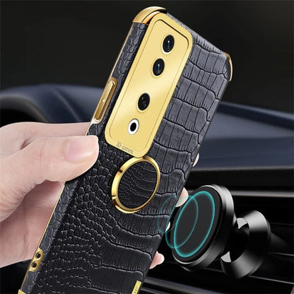 For Honor 90 Case Crocodile Texture Leather+TPU Fall-proof Shell with Ring Kickstand