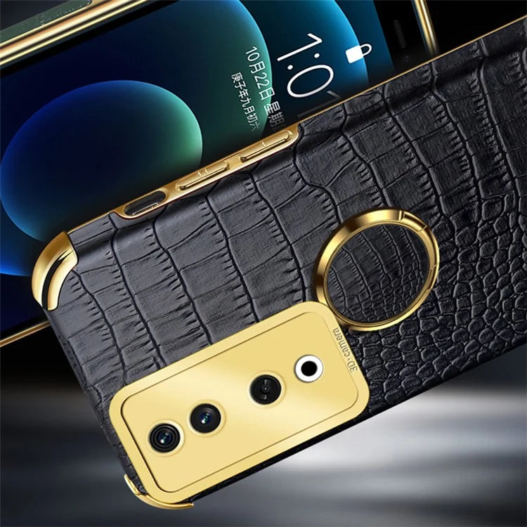 For Honor 90 Case Crocodile Texture Leather+TPU Fall-proof Shell with Ring Kickstand
