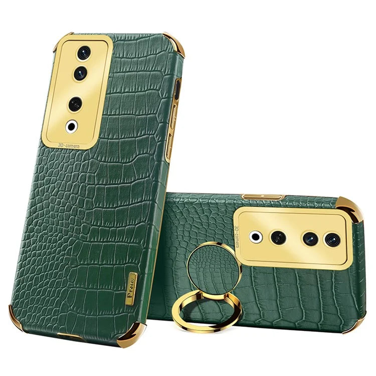 For Honor 90 Case Crocodile Texture Leather+TPU Fall-proof Shell with Ring Kickstand