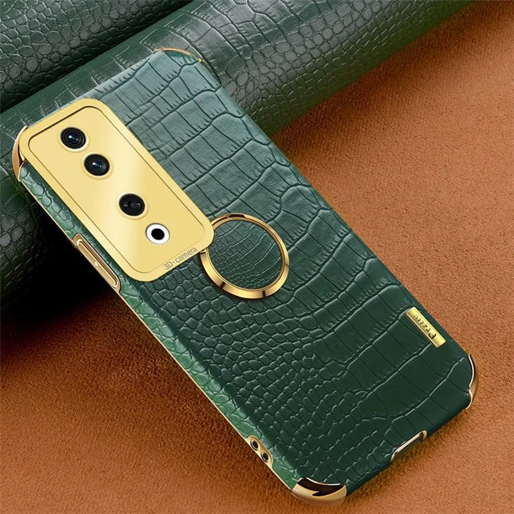 For Honor 90 Case Crocodile Texture Leather+TPU Fall-proof Shell with Ring Kickstand