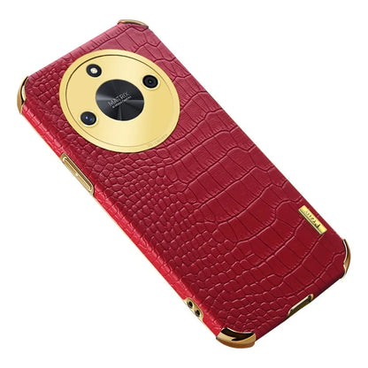 For Honor X50 Case 6D Electroplating Crocodile Texture Leather+TPU Phone Shell